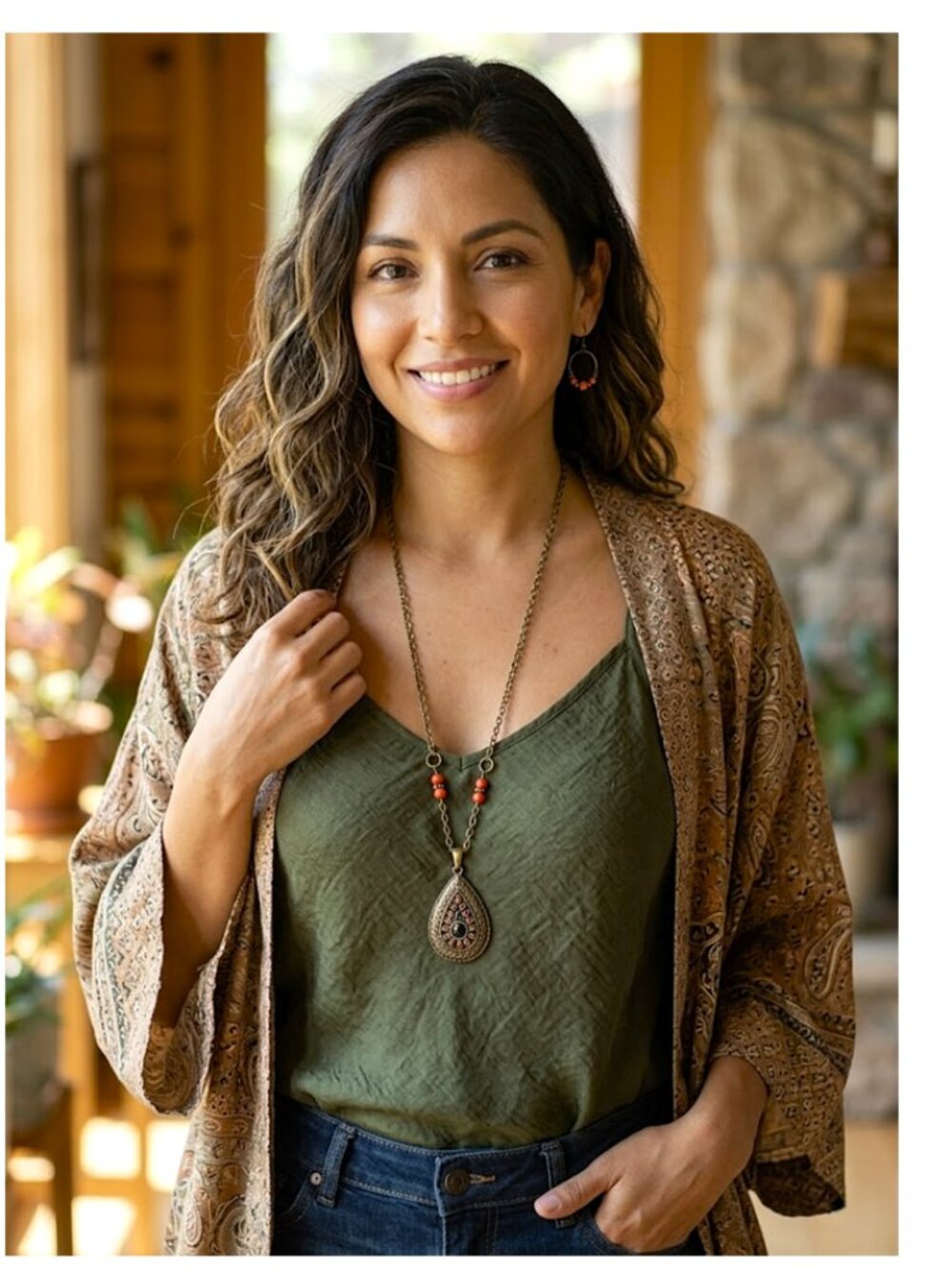 (3 for $15) STATEMENT NECKLACE - Boho long gold, black & orange beaded medallion